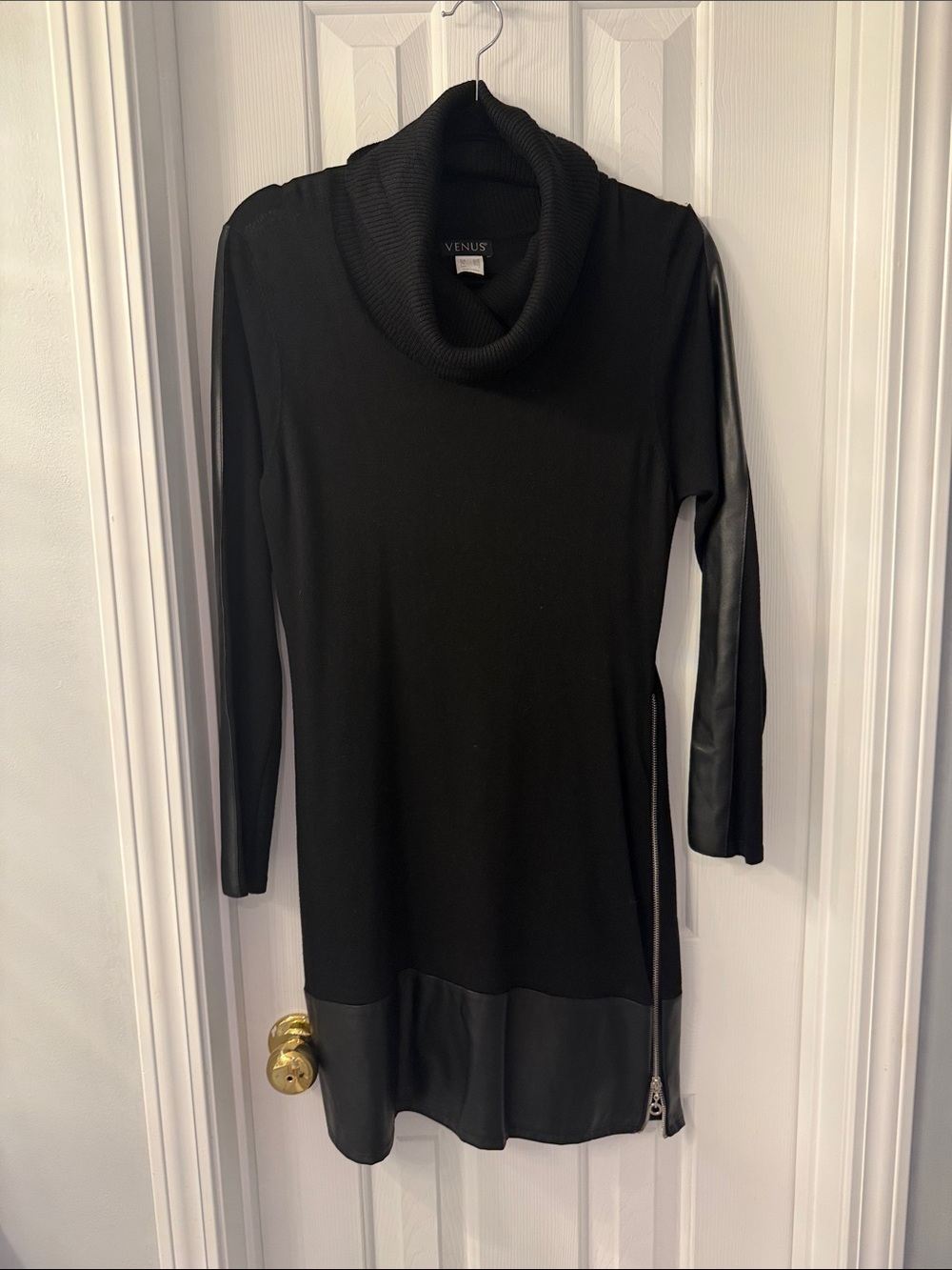 VENUS Black Cowl Neck Long Sleeve Dress with Faux Leather Trim